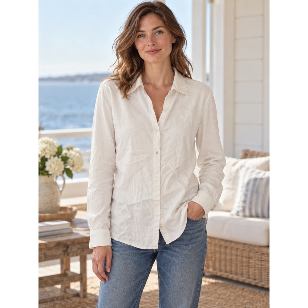 L.L.Bean Button Down Shirt Womens Large White Long Sleeve Preppy Coastal